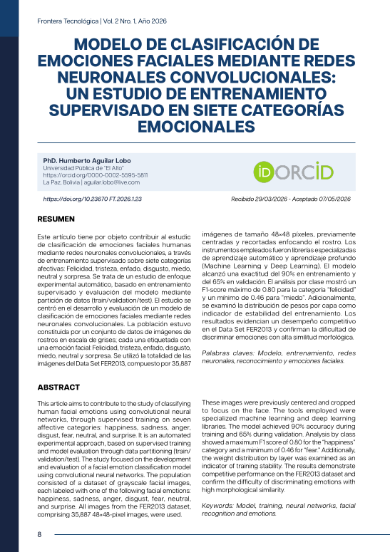 MODELO DE CLASIFICACIÓN DE EMOCIONES FACIALES MEDIANTE REDES NEURONALES CONVOLUCIONALES: UN ESTUDIO DE ENTRENAMIENTO SUPERVISADO EN SIETE CATEGORÍAS EMOCIONALES
